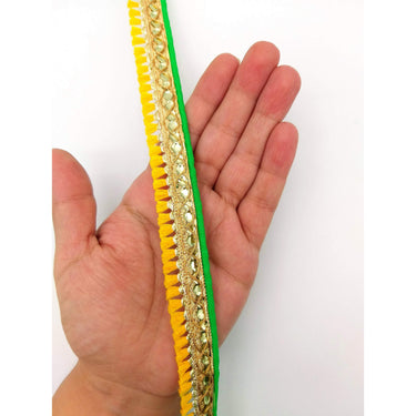 Yellow Tassels Trim, Green and Gold Fringe Trim, Beaded Trim, Sari Trim, Decorative Trim, Fringing Tape Trim By 3 Yards